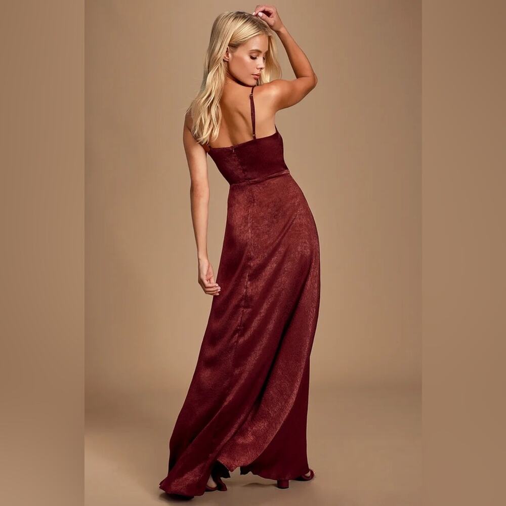 Lulus Constatine Burgundy Satin Wrap Maxi Dress Gown M - Picture 4 of 8